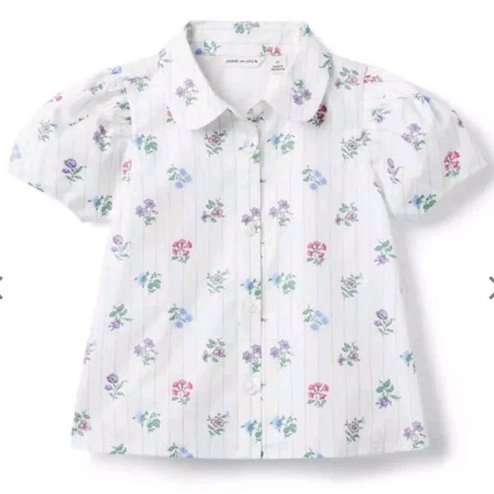 Janie and Jack Floral Stripe Puff Sleeve Button Down Poplin Top New Shirt